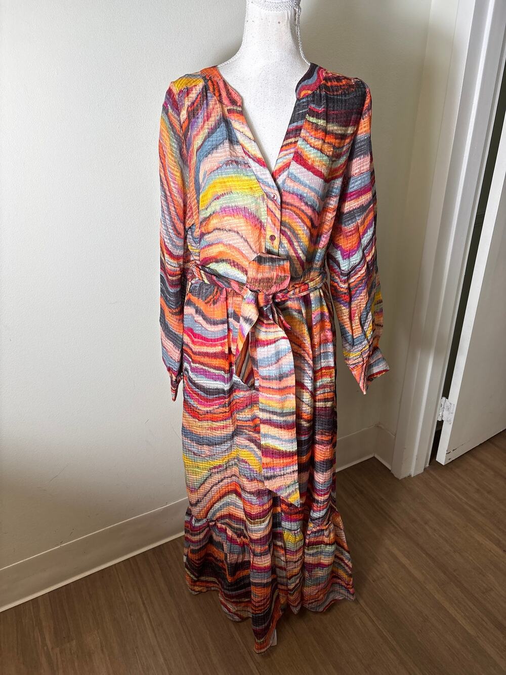 Marie Oliver Multicolor Long Sleeve Button Up Maxi Dress Sz 10